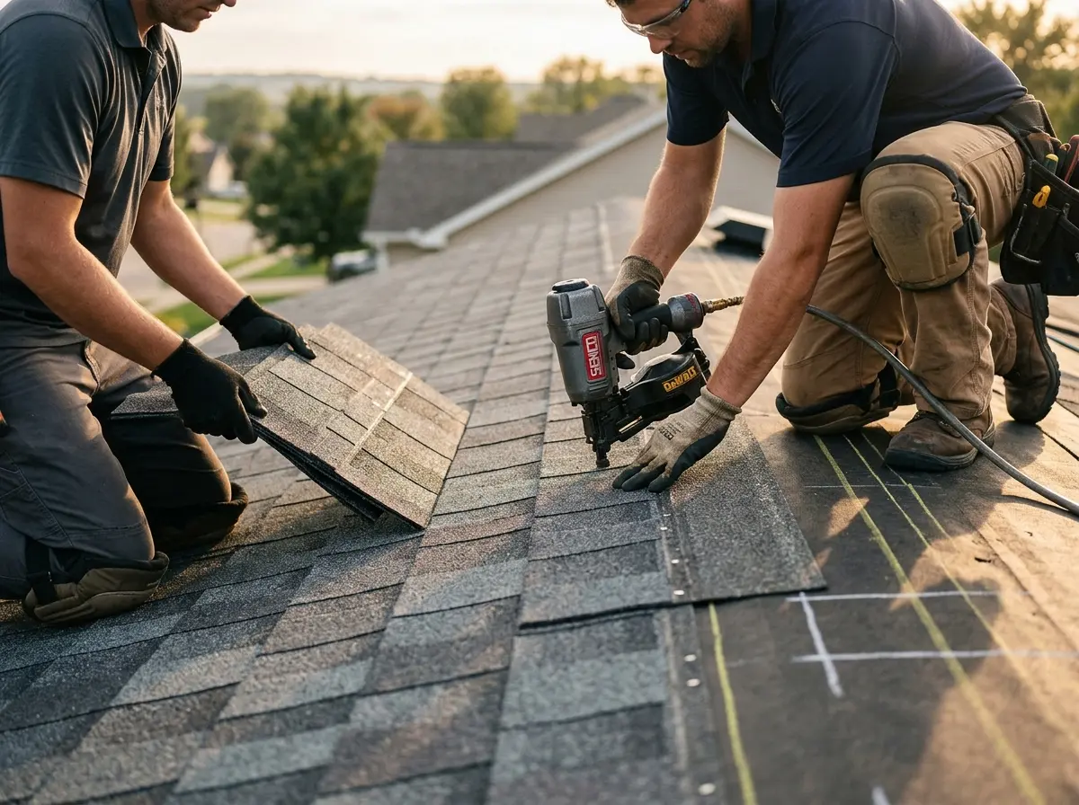Professional roofer working on a residential roof in Frederick